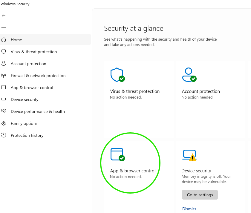 Smart App Control settings