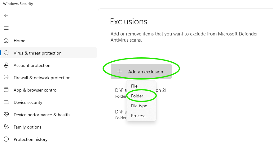 Windows Defender exclusion
